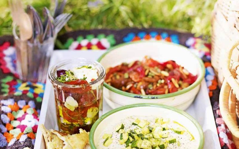 marinated feta in thyme and chilli oilroasted pepper salad with capers and pine nutsminty bean and courgette dip with pitta crispslet's eat outdoorsweekend