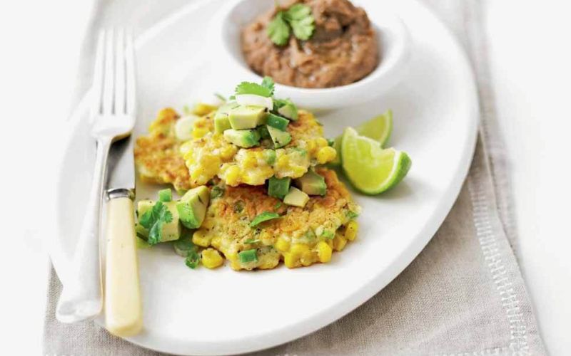 corn cakes with avocado salsa