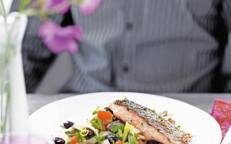 charred salmon with fennel and olive salad