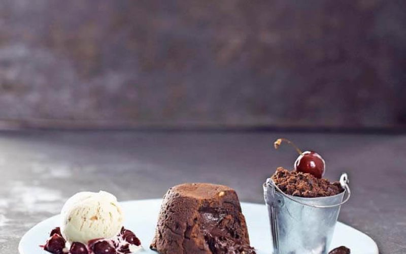 choc-peanut fondants with chocolate soil and cherrieschocolate but not as you know itin season