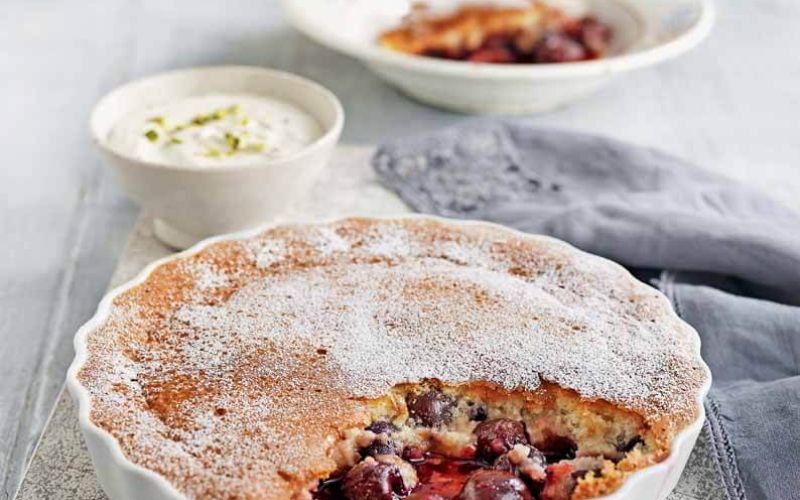 cheryr and almond sponge with pistachio creme fraiche