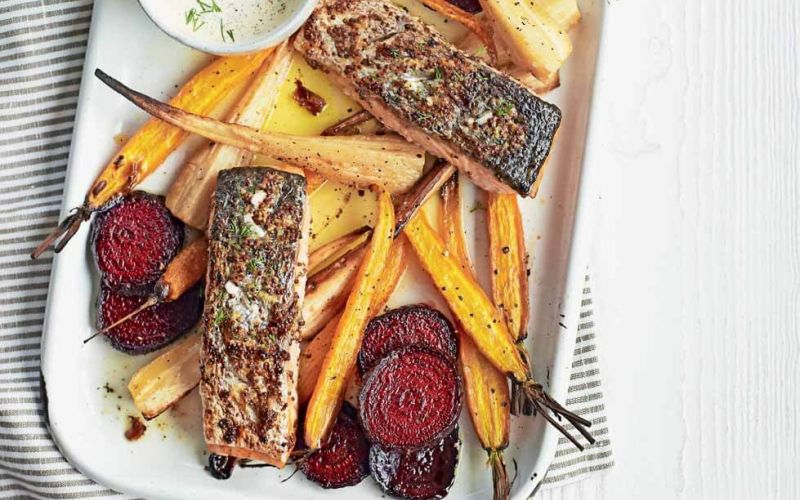 mustard salmon and veg bake with horseradish saucemake it tonighteveryday