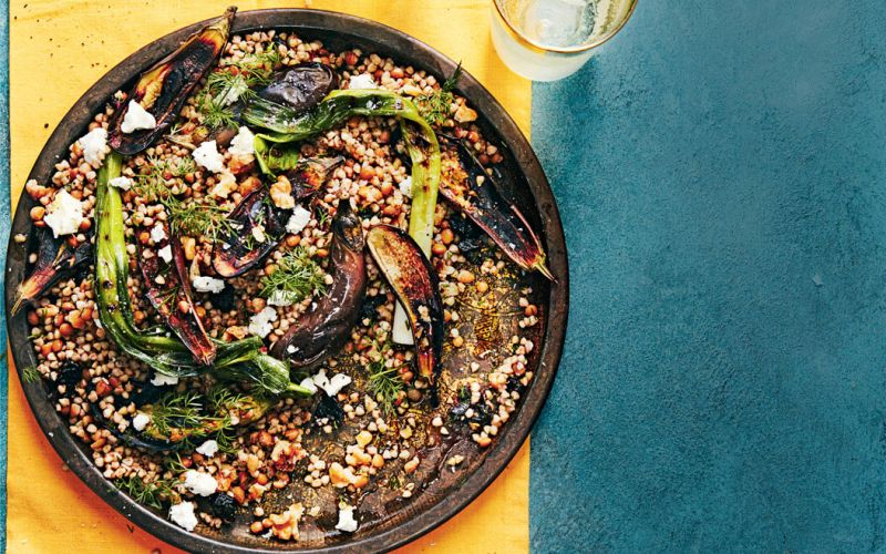 Buckwheat with charred baby aubergines