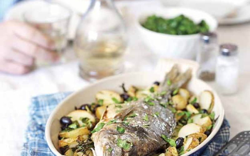 whole roast bream with potatoes and olives