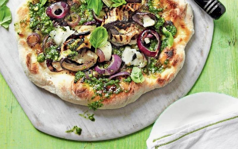 pesto pizza with aubergine and goats cheeseJuly 14Pizza on the BBQ