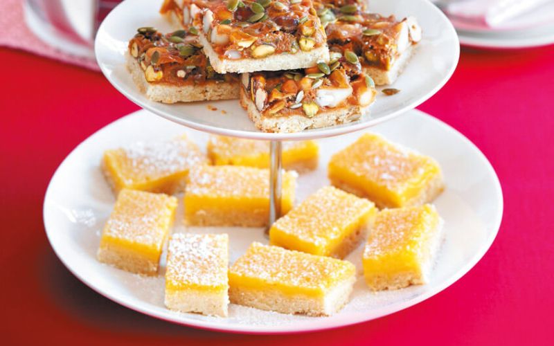 lemon bars, raspberry linzer slice, toffee nut squares