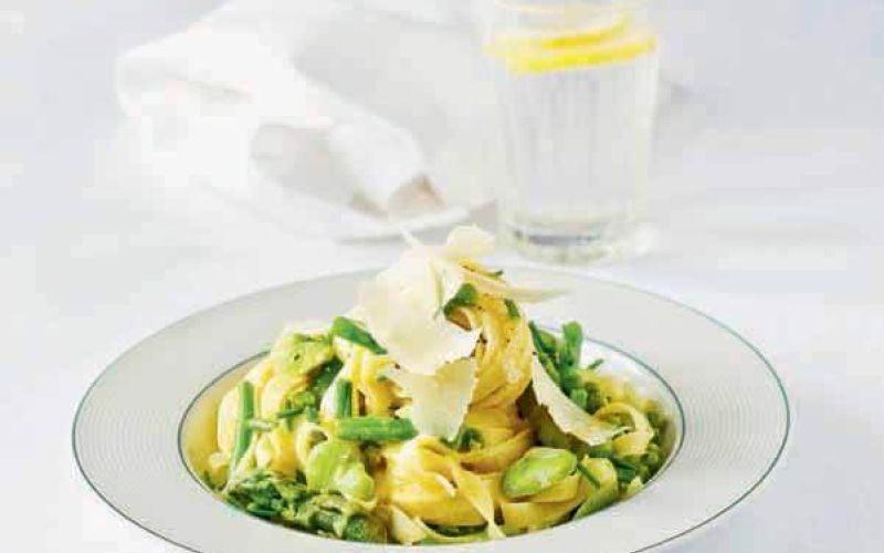 spring vegetable tagliatelle with lemon and chive sauce