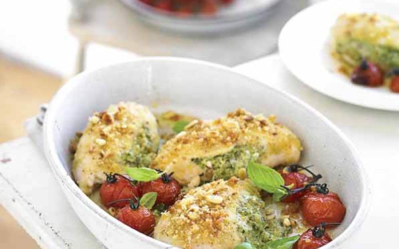 creamy pesto chicken with roasted tomatoes