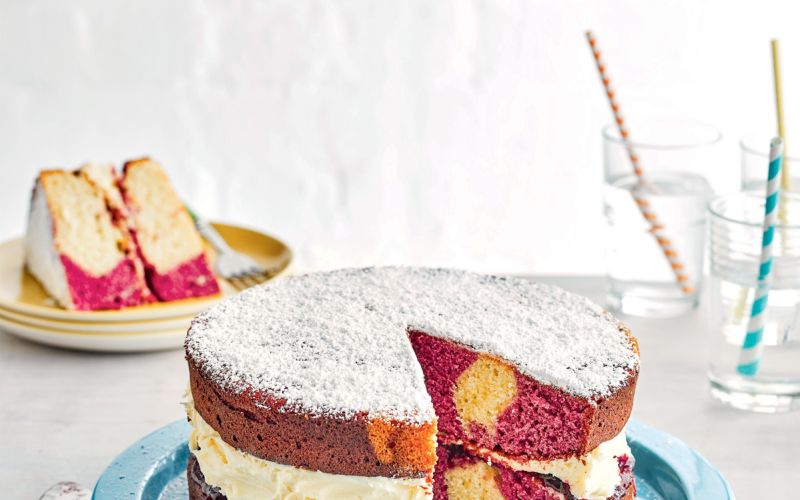 familt baking, pink marble sandwich cake