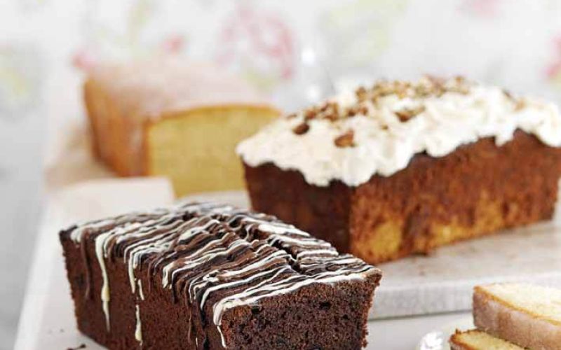 elderflower crunch cake, banana and pecanloaf, double chocolate loaf cake