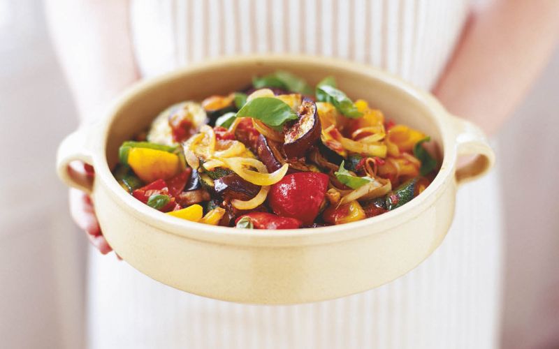 p30-31 Everyday Beginners. Learn to make ratatouille.basil leaves