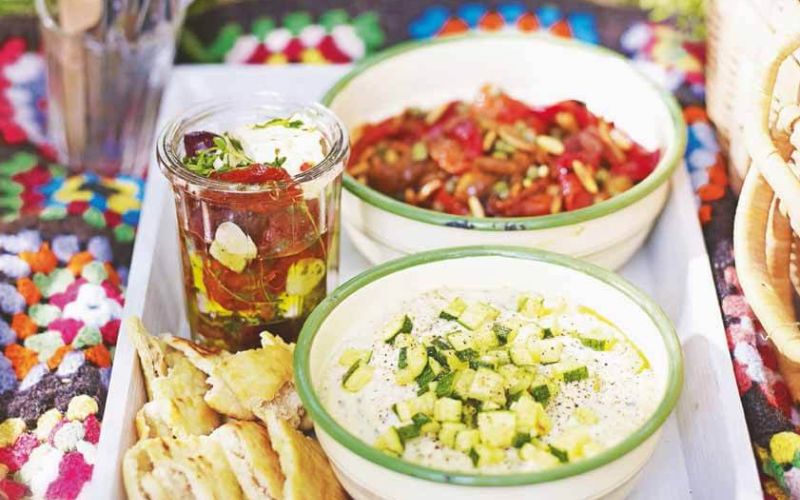 marinated feta in thyme and chilli oilroasted pepper salad with capers and pine nutsminty bean and courgette dip with pitta crispslet's eat outdoorsweekend