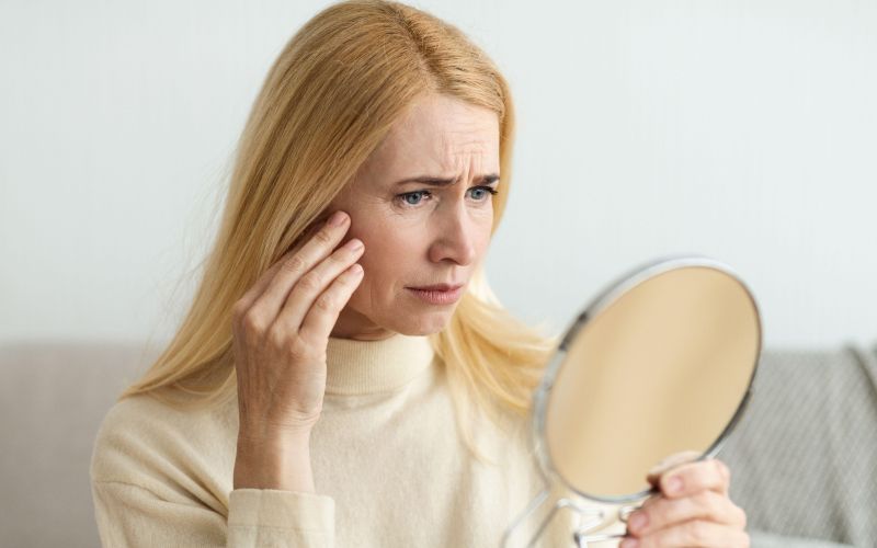 staranje, ženska, ogledalo, gube