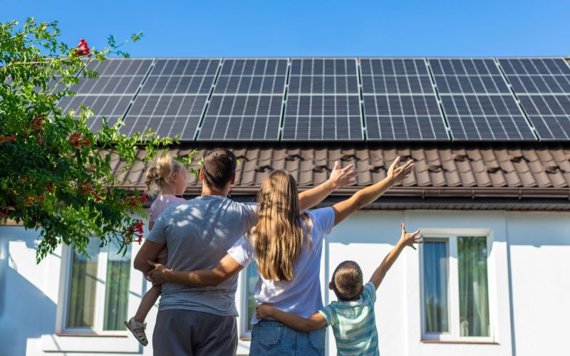 srečna družina pred energetsko varčno hišo