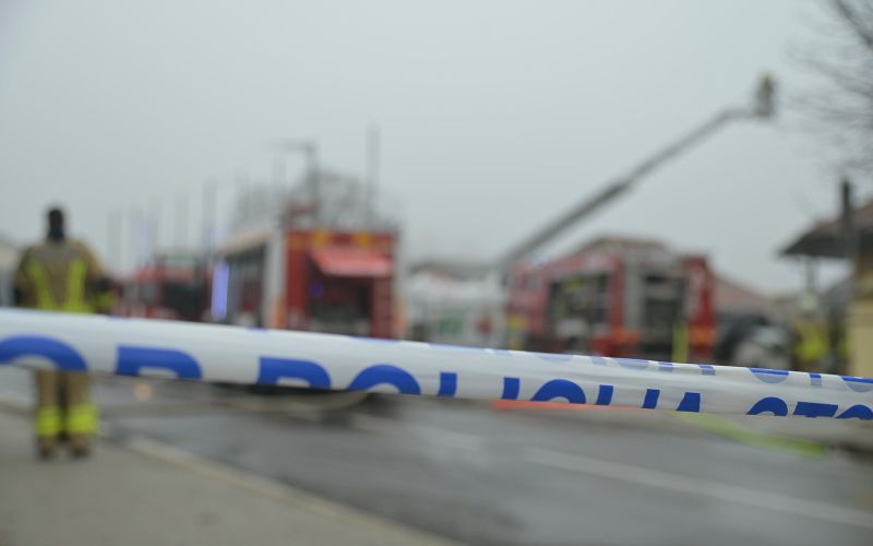 simbolična, požar, nesreča, gasilci, intervencija, policija, prizorišče, trak