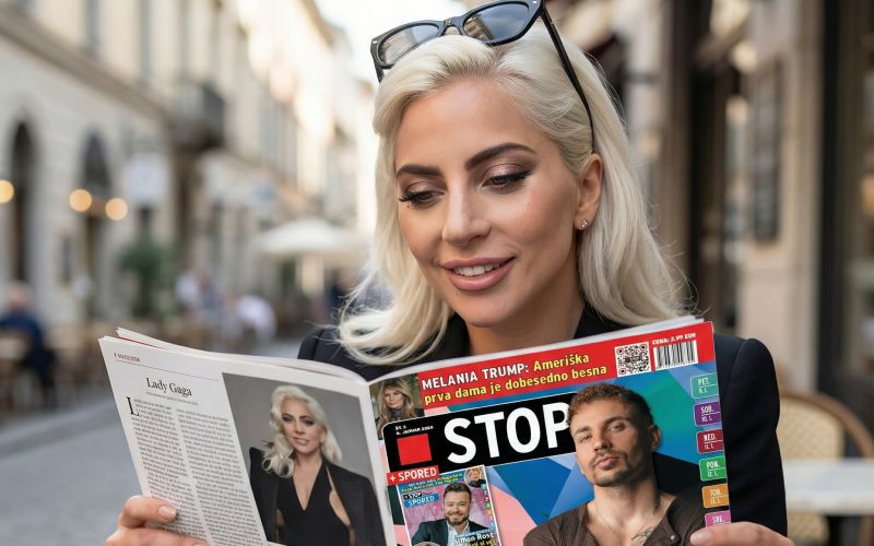 ... In tako smo tudi mi srečali Lady Gago, ki v centru Ljubljane prebira najnovejšo številko revije Stop.