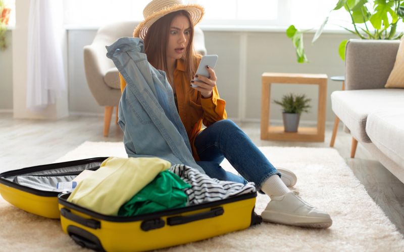 ženska pakira kovček in gleda telefon