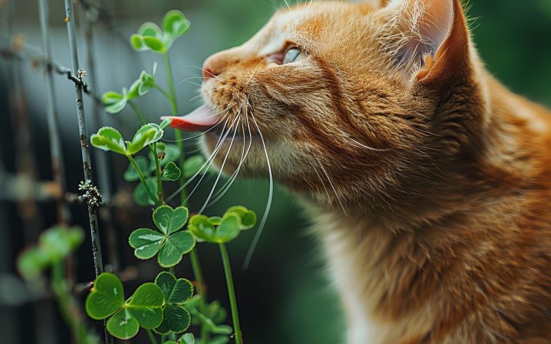 mačka liže deteljico