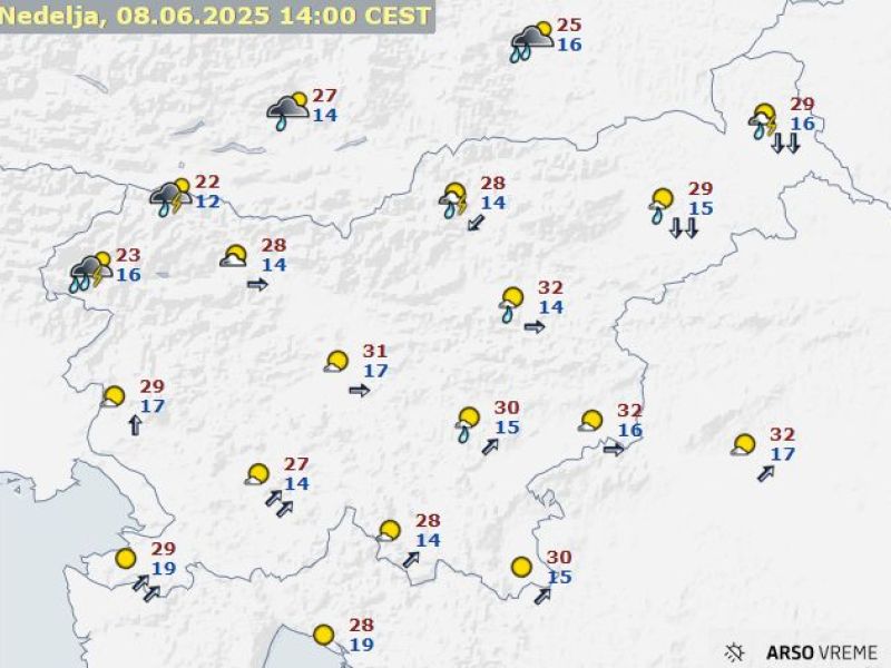 Vroč vikend bodo v nedeljo prekinile nevihte, ponekod le za ščepec padavin