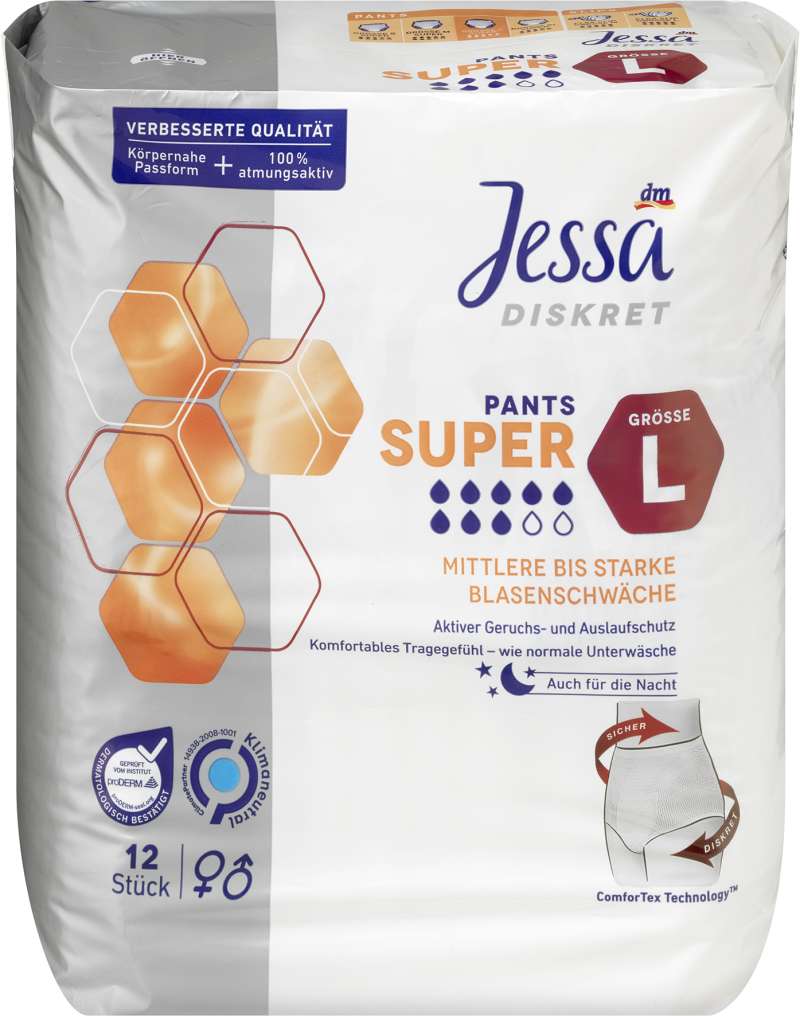 Spodnje hlače za inkontinenco Jessa SUPER L, 12 kosov, 9,99 EUR, v prodajalnah dm