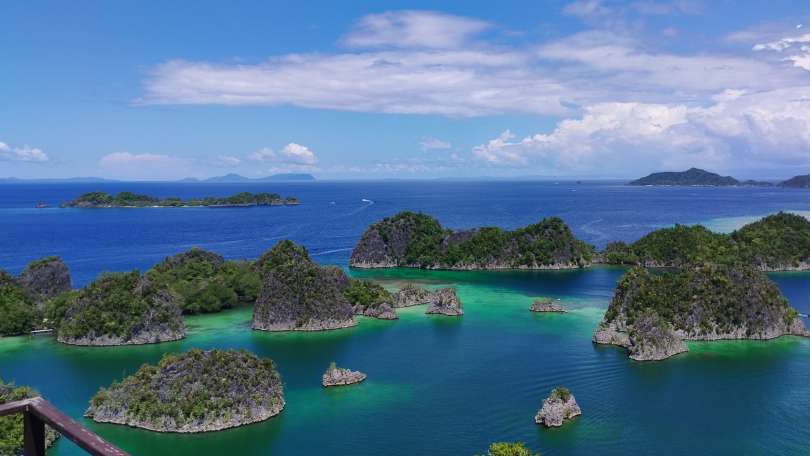 Raja Ampat ponuja fantastične razglede tudi nad vodno gladino. Na fotografiji je sloviti kraški predel Pianemo, ki je upodobljen tudi na najpogostejšem bankovcu, za 100.000 indonezijskih rupij.