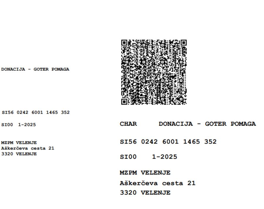 QR koda podatki za nakazilo dobrodelnih sredstev